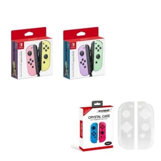 【Nintendo 任天堂】新色上市 Switch Joy-con 原廠手把+副廠 透明水晶殼(紫綠 粉黃 台灣公司貨)