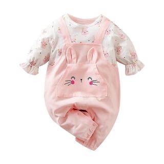 【JoyNa】嬰兒 純棉長袖包屁衣 背帶粉兔連身衣(肩扣下扣.寶寶衣)