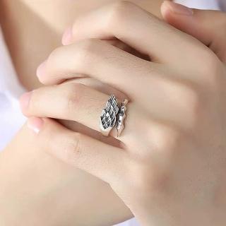 【SUMMER一夏】韓國設計S925純銀復古天使之翼與惡魔寬版輕奢開口戒指食指潮流戒指(甜酷風)