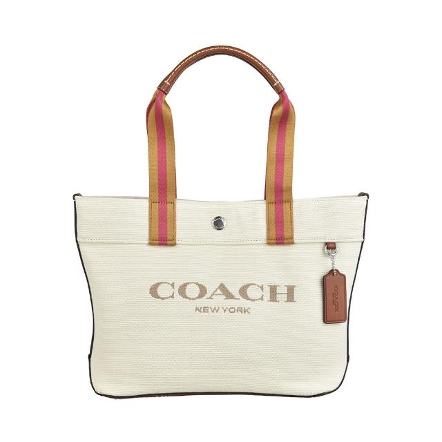 【COACH】COACH米棕字刺繡LOGO帆布釦式手提包(小/自然白x多色)