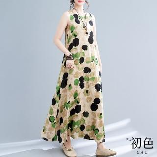 【初色】清涼感無袖圓點印花寬鬆顯瘦圓領A字裙連身裙長裙洋裝-綠色-70040(M-2XL可選)