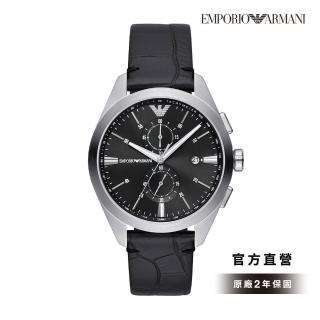 【EMPORIO ARMANI 官方直營】Rosa 時空旅人日曆計時手錶 黑色皮革錶帶 43 MM AR11542