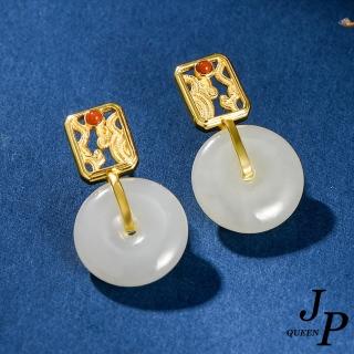 【Jpqueen】宮廷復古平安扣和田玉耳環(金色)
