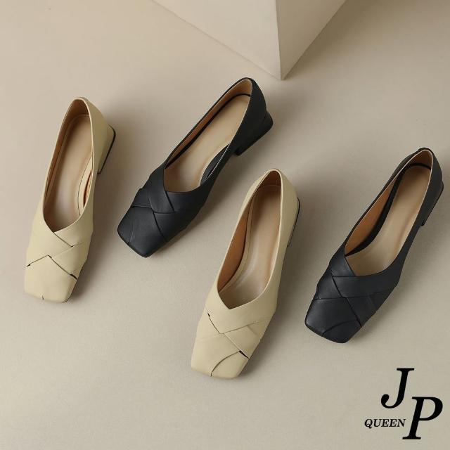 【JP Queen New York】交錯粗編織方頭羊皮淺口粗跟鞋(2色可選)