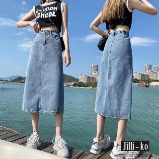 【JILLI-KO】高腰顯瘦中長款開衩牛仔包臀裙-M/L/XL(深藍/淺藍)