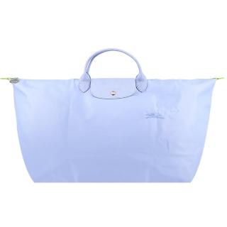 【LONGCHAMP】LE PLIAGE GREEN系列刺繡短把再生尼龍摺疊旅行袋(中/天澄)