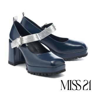 【MISS 21】前衛撞色寬帶牛皮瑪莉珍大方頭高跟鞋(藍)