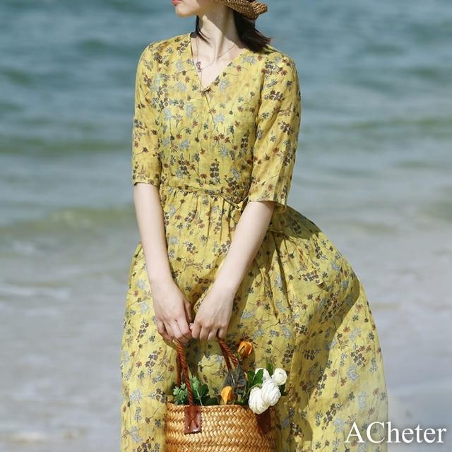 【ACheter】原創優雅黃色小碎花寬鬆苧麻感V領連身裙短袖長版洋裝#118802(黃)