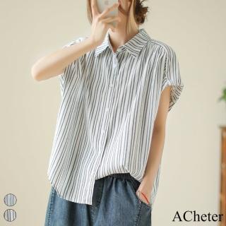 【ACheter】棉麻藍色海岸線條紋小飛袖襯衫短袖短版上衣#118783(黑/藍)
