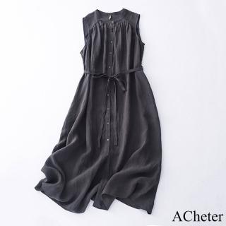 【ACheter】棉麻感純色百搭寬鬆型復古背心連身裙無袖中長版洋裝#118782(深灰)