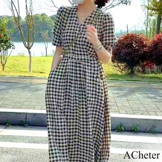【ACheter】黑白格子棉麻感連身裙短袖長V領長版洋裝#118791(黑白)