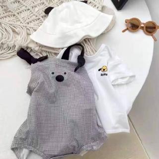 【艾比童裝】嬰兒 HOHO狗狗吊帶三件式套裝 短袖上衣 吊帶褲 嬰兒帽(套裝系列 D157)