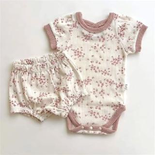 【艾比童裝】嬰兒 羅紋粉碎花套裝 短袖包屁衣 短褲(套裝系列 D148)