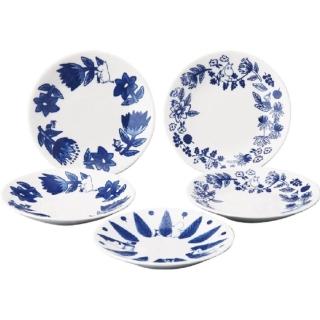 【小禮堂】嚕嚕米 YAMAKA陶瓷點心盤5入組 13.5cm - 白藍花草款(平輸品)