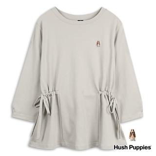 【Hush Puppies】女裝 上衣 刺繡狗腰綁帶傘襬七分袖上衣(淺灰 / 34210201)