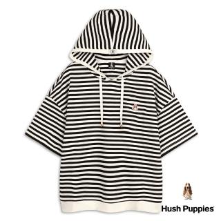 【Hush Puppies】女裝 帽T 刺繡狗細條紋寬鬆短版連帽上衣(米白 / 34210109)