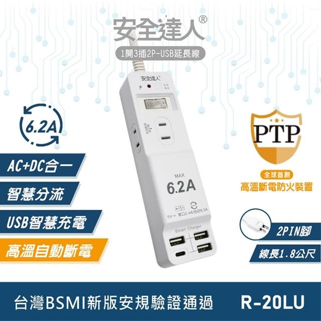 【安全達人】1開3插2P 6.2A USB延長線 1.8M(C-20LU)