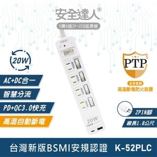 【安全達人】5開4插2P PD 20W USB 延長線 1.8M(K-52PLC)