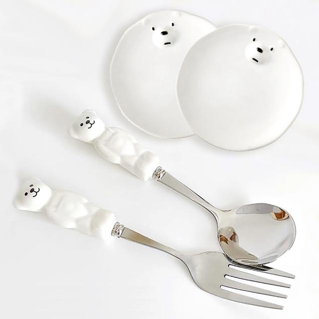 【戀戀家居】白熊點心餐具組4件組/兒童陶瓷餐盤(小點心盤2/叉子/湯匙)