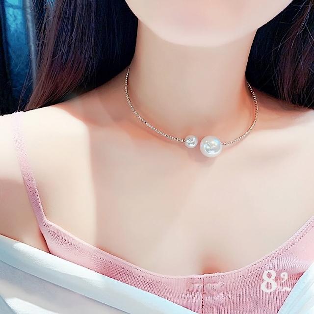 【89 zone】韓版古典珍珠開口頸帶 鎖骨鏈 毛衣鏈 短款項鏈 項鏈 1 入(銀)