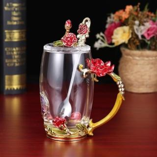 【JEN】復古浮雕琺瑯玻璃水杯1入(紅玫瑰)