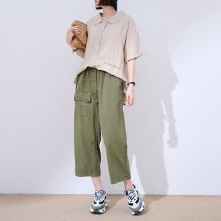 【JILLI-KO】慢生活-鬆緊腰文藝造型口袋棉質九分蘿蔔褲-F(卡/綠)
