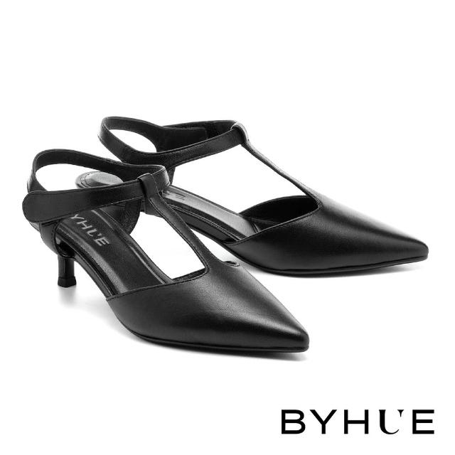 【BYHUE】簡約純色T字繫帶羊皮軟芯尖頭高跟鞋(黑)