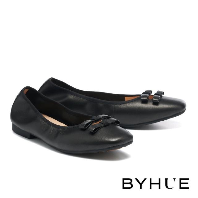 【BYHUE】簍空雙蝴蝶結羊皮方頭軟芯Q底娃娃平底鞋(黑)