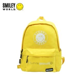 【Smiley World 微笑世界】黃色笑臉休閒防潑水多功能後背包(實用款透氣多夾層背包 筆電包 黃色笑臉包包)