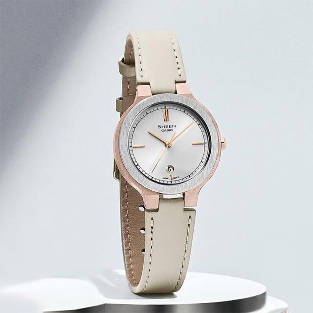 【CASIO 卡西歐】SHEEN 輕奢金屬光皮帶女錶 畢業禮物(SHE-4559GBL-7A)