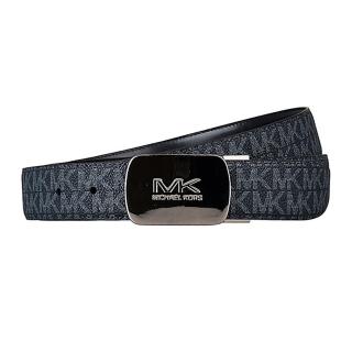 【Michael Kors】MK MICHAEL KORS壓印LOGO方圓形釦頭設計印花PVC搭配牛皮雙面釦式皮帶(藍x黑)