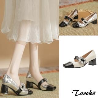 【Taroko】典雅拼色閃亮水鑽方頭一字帶粗高跟鞋(2色可選)