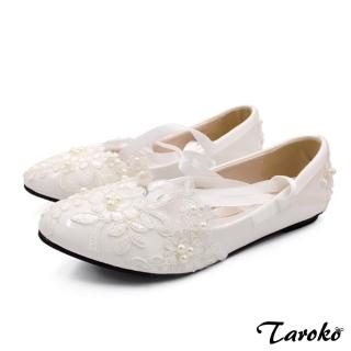 【Taroko】夢幻新娘伴娘蕾絲大尺碼平底粗高跟鞋(4款可選)