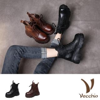 【Vecchio】真皮馬丁靴/全真皮頭層牛皮復古鬆糕厚底時尚馬丁靴(黑)