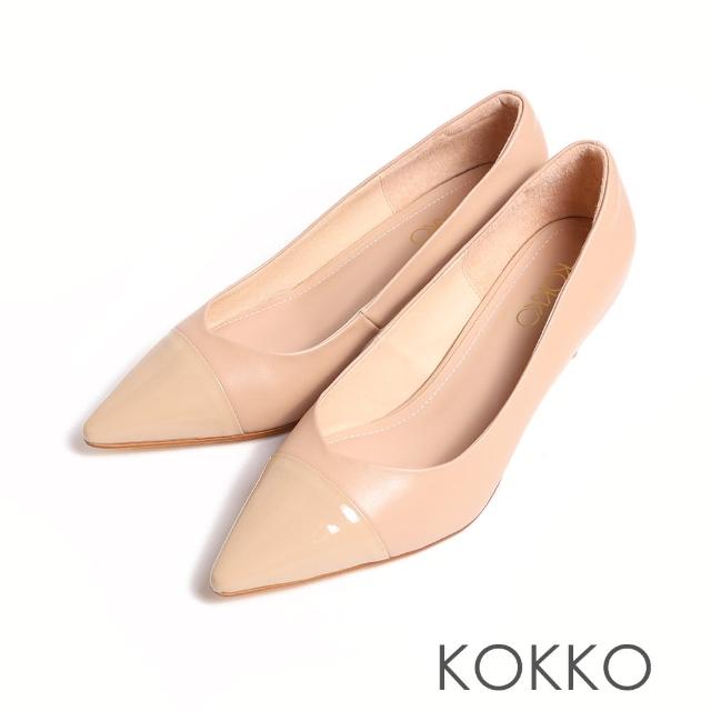 【KOKKO 集團】輕熟漆皮拼接尖頭V口高跟鞋(裸色)