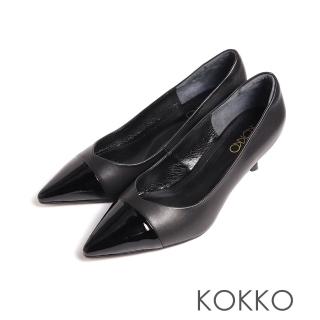 【KOKKO 集團】輕熟漆皮拼接尖頭V口高跟鞋(黑色)