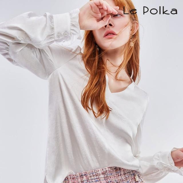 【Le Polka】緞面V領荷葉袖上衣-女