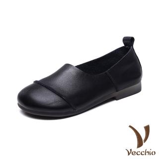 【Vecchio】真皮休閒鞋 牛皮休閒鞋/全真皮頭層牛皮經典車線舒適休閒鞋(黑)