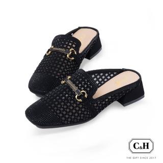 【c&h】C&H 魅力時尚格紋燙鑽氣質穆勒拖鞋-經典黑(穆勒拖鞋)