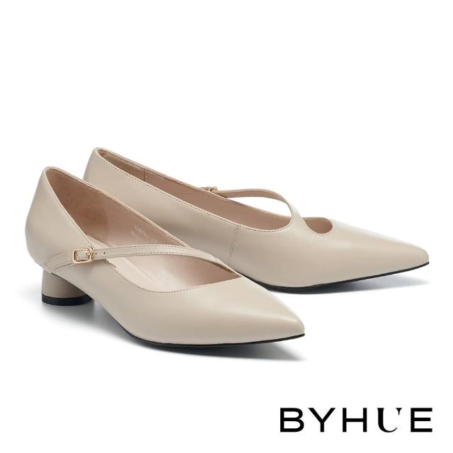 【BYHUE】韓系優雅流線繫帶羊皮瑪莉珍軟芯尖頭低跟鞋(米)