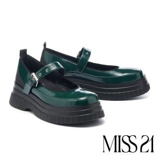 【MISS 21】復古個性開邊珠方釦瑪莉珍大方頭厚底鞋(綠)