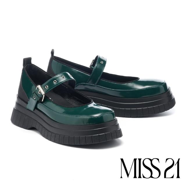 【MISS 21】復古個性開邊珠方釦瑪莉珍大方頭厚底鞋(綠)