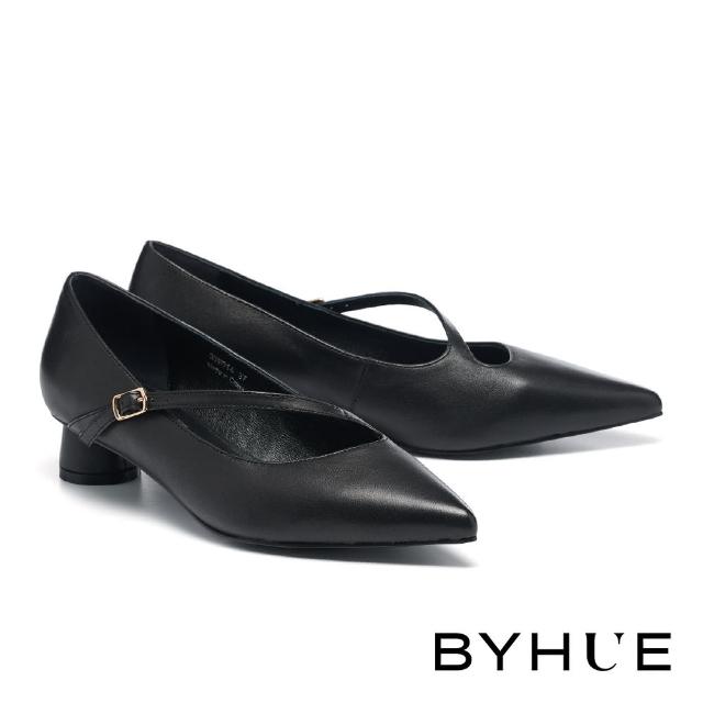【BYHUE】韓系優雅流線繫帶羊皮瑪莉珍軟芯尖頭低跟鞋(黑)