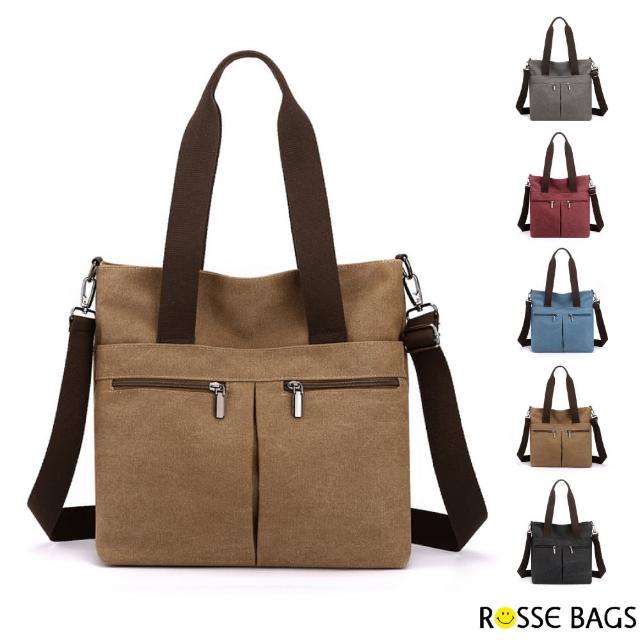 【Rosse Bags】韓版簡約時尚多口袋帆布包(現+預  紅色／黑色／灰色／棕色／藍色)