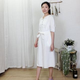 【Hana Mokuba】花木馬日系女裝翻領設計別緻剪裁氣質綁帶洋裝(洋裝)