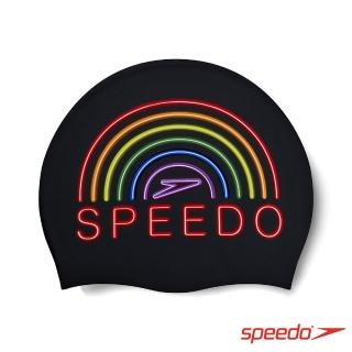 【SPEEDO】成人矽膠泳帽 Printed(黑/彩虹)
