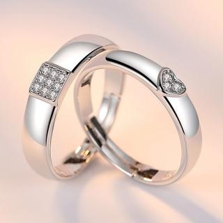 【I.Dear Jewelry】正白K-閃耀愛戀-愛心方塊晶鑽情侶造型可調節開口銀戒指(男女款/單入)