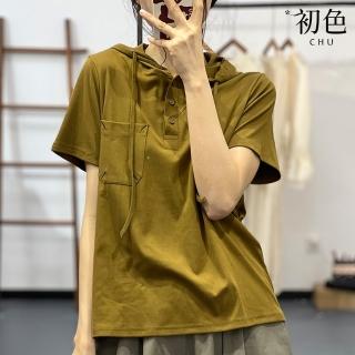 【初色】純色連帽短袖T恤上衣-共3色-30035(M-2XL可選)