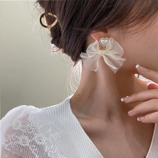 【SUMMER一夏】韓國設計無耳洞耳環 愛心珍珠鑲鑽歐根紗蝴蝶結精緻無痛耳夾耳環(法式巴洛克風)