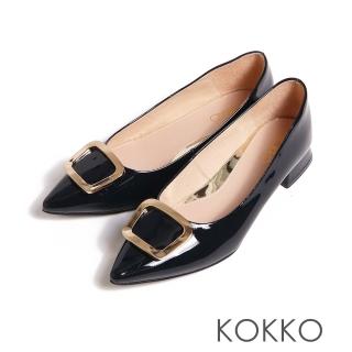 【KOKKO 集團】內斂簡約方金扣微彎折亮漆皮包鞋(深藍色)